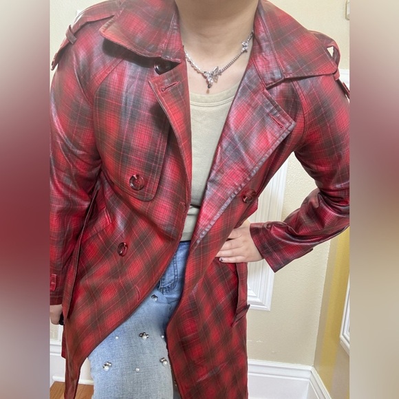 Anthropologie Jackets & Blazers - Anthropologie Red Plaid Trench Coat
